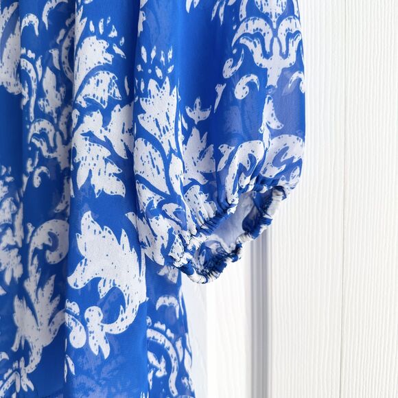 Show Me Your Mumu Blue White Peasant Blouse Small Sheer Boho Floral Top - Picture 3 of 8